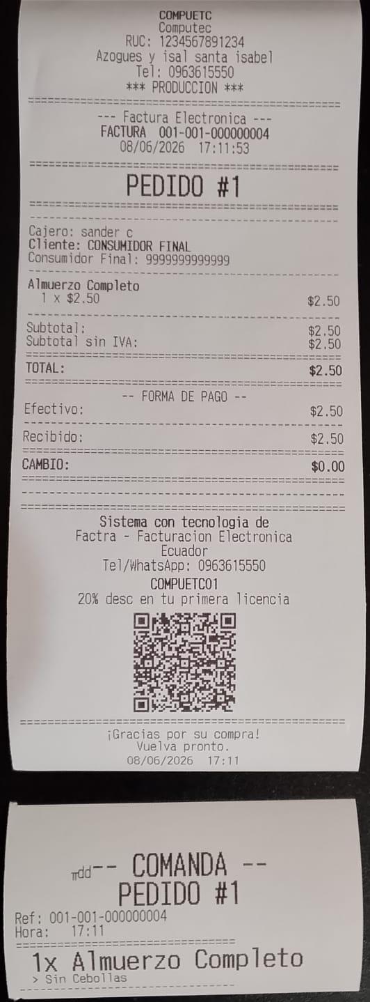 Ticket de restaurante y comanda de cocina — sistema POS Factra Ecuador