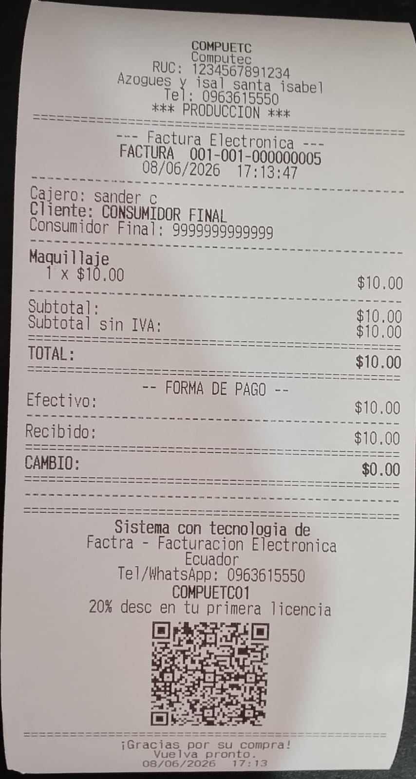 Ticket de venta con factura electrónica SRI y código QR — Factra Ecuador